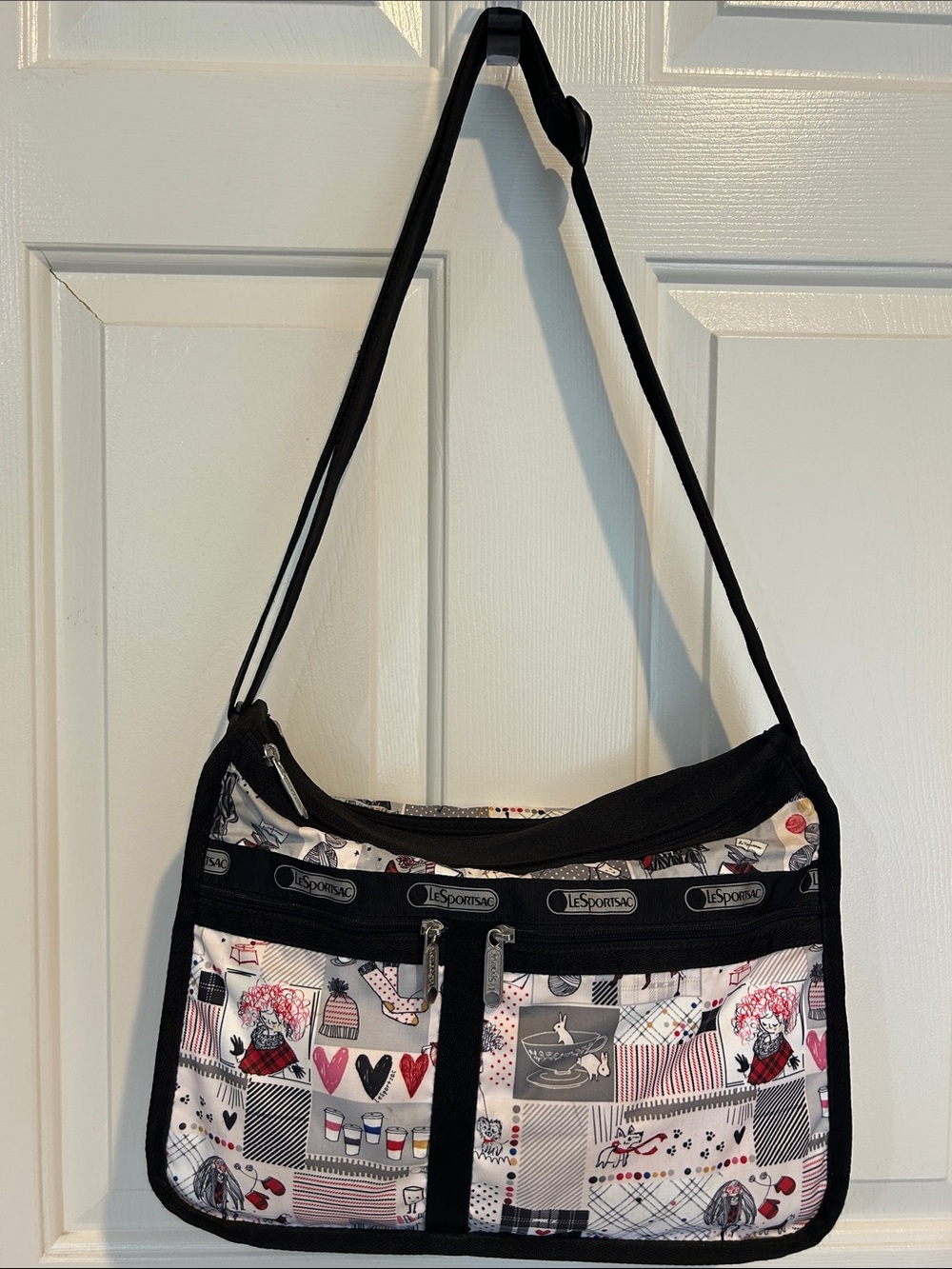 Vintage Lesportsac Black Trim White Patterned Crossbody Bag